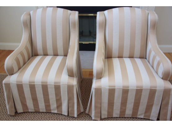 Pair Of Upholstered Small Scale Wing Chairs In Cream And Tan Stripe Fabric
