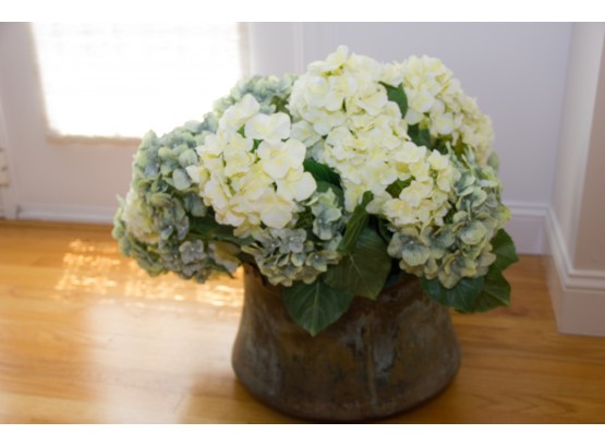 Faux Hydrangea In Antique Metal Container