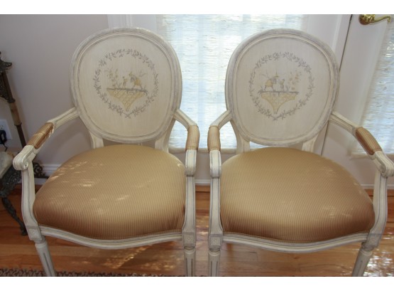 Magnificent Pair Of French Painted Wood Side Chairs With Arms