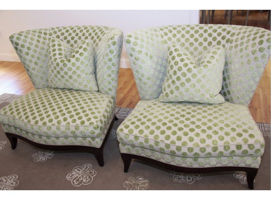 Pair Of Donghia Side Chairs In Tan Fabric With Lime Green Polka Dots
