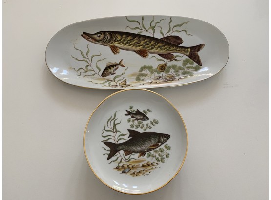 Set Of Namaan Israel Porcelain Dessert Plates And Serving Plate - Fish Motif