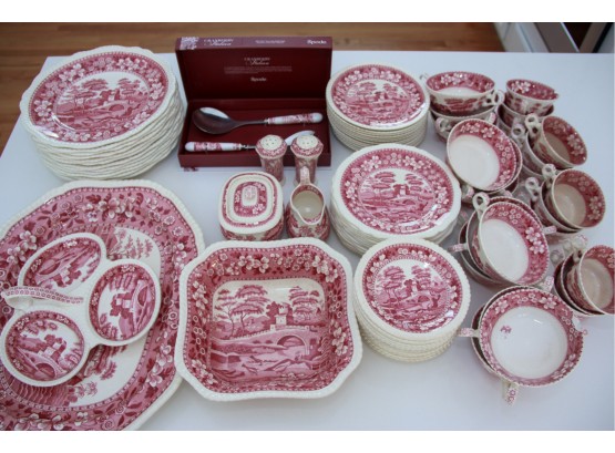 Vintage Spode Transferware In Cranberry And Cream - Set Of 12
