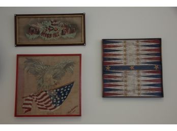 Lot Of 3 Americana Art - 2 Antique Needlepoints, 1 Painted
