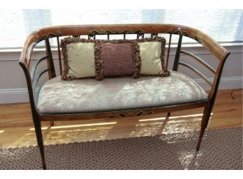 Carved Wood Painted Bench With Paisley Fabric Seat