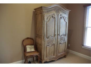 Pickled Pine Armoire W/Beautiful Carved Wood Detail