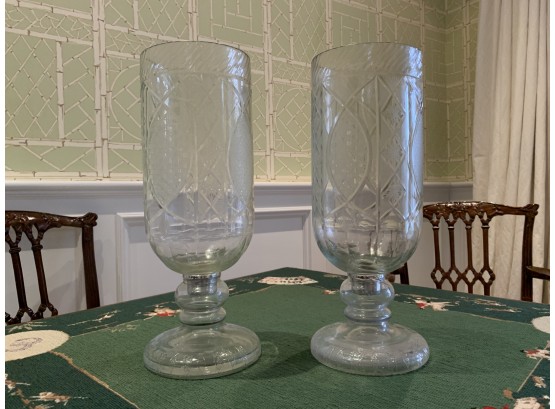 Tall Etched And Cut Glass Hurricane Lamps