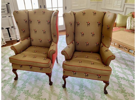 Pair Of Custom Equestrian Herringbone Fabric Wing Chairs With Contrast Fabric On Back
