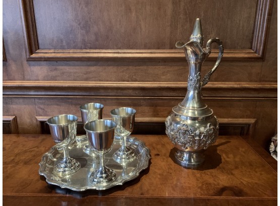 Sterling Silver Decanter And Silver Plate Tray And 4 Cups