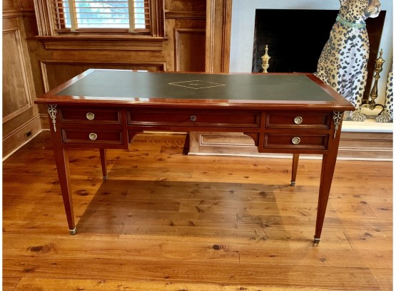 Dark Wood Desk With Brass Hardware And Embossed Leather Top With Gold Detail