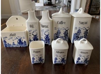 Set Of 8 Pieces - Antique Blue And White Ceramic Spice Set - Marked Germany