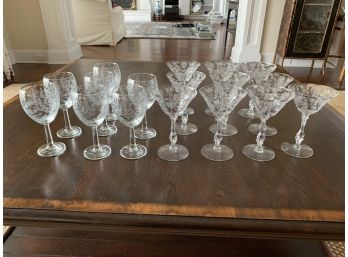 Collection Of Etched Wine Glasses And Coupe Glasses