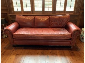 Custom Red Leather Couch With Brass Nailhead Detail - One Seat Cushion