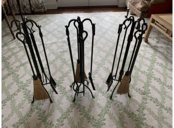 Collection Of 3 Sets Of Wrought Iron Fireplace Tools