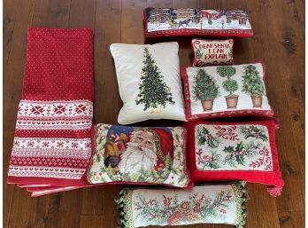 Collection Of Christmas Themed Needlepoint Pillows And Red Fair Isle Cotton Throw Blanket