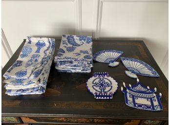 Collection Of 2 Sets Of Blue And White Cloth Napkins And 4 Beaded Kim Seybert Coasters
