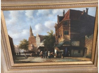 Framed Oil On Canvas - Unsigned - Cobblestone Street Scene