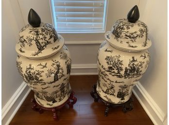 Pair Of Large Ceramic Urns With Tops On Stands - Black And White Asian Pattern