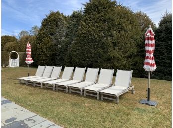 Set Of 8 Kingsley Bate Teak And Mesh Lounge Chairs With Black/white Stripe Cushions