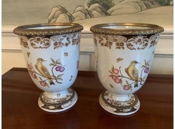 Pair Of Reproduction Chinese Export Urns With Brass Detail