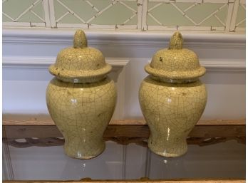 Pair Of Celedon Ceramic Ginger Jars With Lids - Crackle Glaze