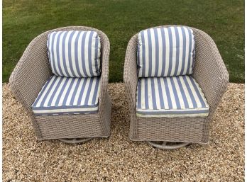 Pair Of Tan/grey Outdoor Wicker Swivel Rocking Chairs