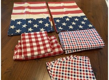 Collection Of Red White And Blue Cloth Table Cloths And 2 Flag Table Runners