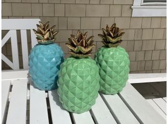 Collection Of 3 Ceramic Pineapples - Apropos - 2 Lime Green, 1 Turquoise