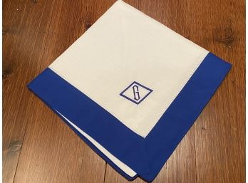 Set Of 12 White Linen Cloth Napkins With Royal Blue Border - Monogrammed With G