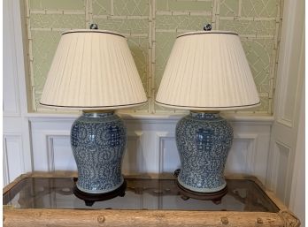 Pair Of Ginger Jar Blue And White Asian Style Lamps With Custom Pleated Shades