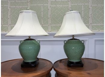 Pair Of Sage Green Ceramic Urn Lamps On Stands With Cream Linen Shades