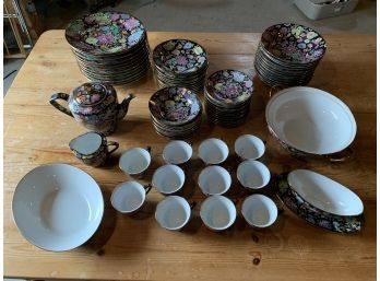 Collection Of Hand Painted Dishware - Serving For 12 - Black Floral Pattern - Handpainted In China