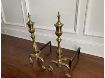 Pair Of Ornate Shell Detail Brass Andirons