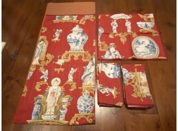 Collection Of  Dark Red Asian Print Table Runner And 8 Cloth Napkins