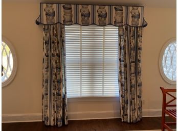 Pair Of Custom Blue And White Flower Pot Curtains With Valence