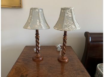 Pair Of Petite Table Lamps - Barley Twist - Sage Green And Cream Shades
