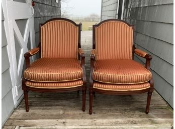 Pair Of Baker Furniture Red And Gold Fabric With Dark Wood Armchairs
