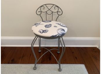 Petite Wrought Iron Stool With Blue And White Shell Fabric