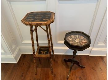 Pair Of Antique Side Tables - Bamboo With Butterflies And Dark Wood With Shells Under Glass