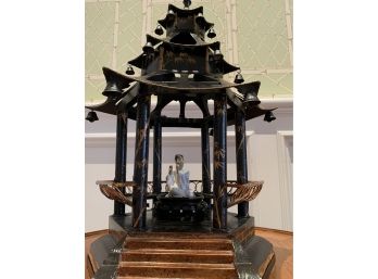 Painted Metal Pagoda With Ceramic Figurine On Stand