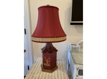 Red Asian Painted Wood Lamp With Red And Gold Shade