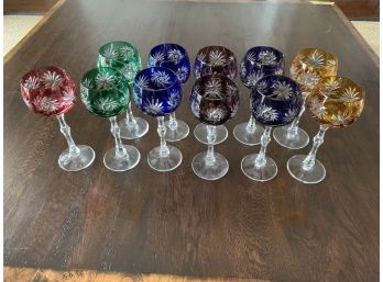 Collection Of 11 Vintage Cut Crystal Stemmed Wine Glasses - Green, Eggplant, Purple, Yellow, Blue, Red