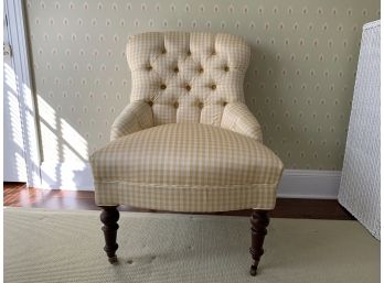 Mitchell Gold Yellow And White Silk Button Tufted Side Chair On Casters With Dark Wood Legs