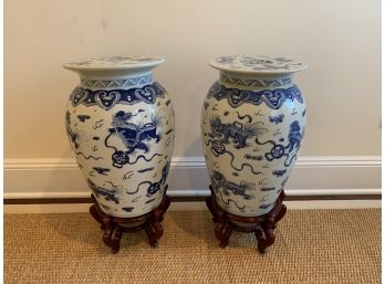 Pair Of Asian Ceramic Stools On Stands - English Country Antiques