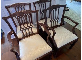 Set Of 4 Chippendale Chairs - 2 Arm 2 Side - Cream Silk Damask Fabric