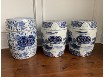 Collection Of 3 Blue And White Asian Garden Stools - 2 Matching, 1 Single