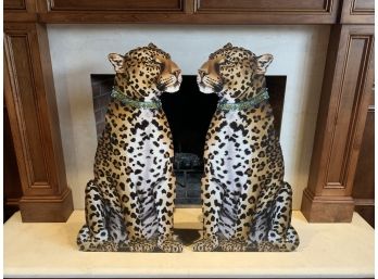 Pair Of Katherine Barnwell Wood Painted Leopards On Stands