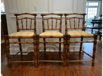 Set Of 3 Wood (bamboo-look) Bar Stools With Custom Fabric Seats