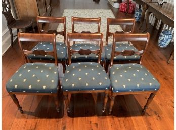 Set Of Custom Fabric Dark Wood Side Chairs - Colonial Blue With Embroidered Cream Bees
