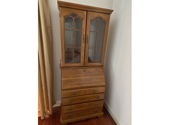 Oak Wood And Glass Secretary With 4 Drawers, 2 Doors And Drop Down - 2 Pieces