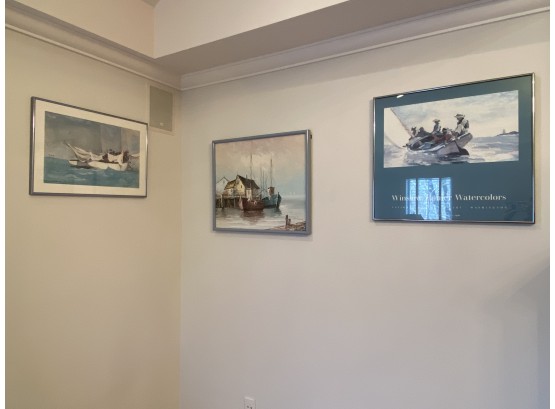 Collection 3 Framed Pieces Of Art - Boats - 1 Poster, 1 Watercolor, Oil On Canvas